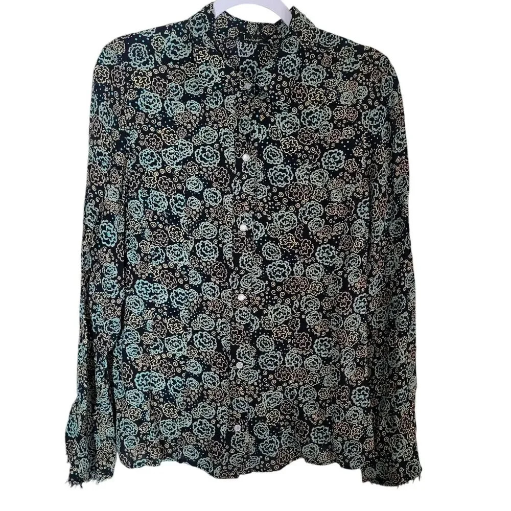 Vintage‎ Loco Lido Blouse Women's Size Large Black Floral Pearl Snap Bell Sleeve